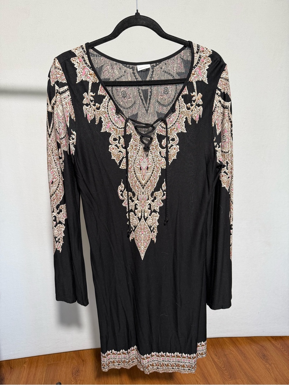 Black Lace-Up Paisley Tunic Dress